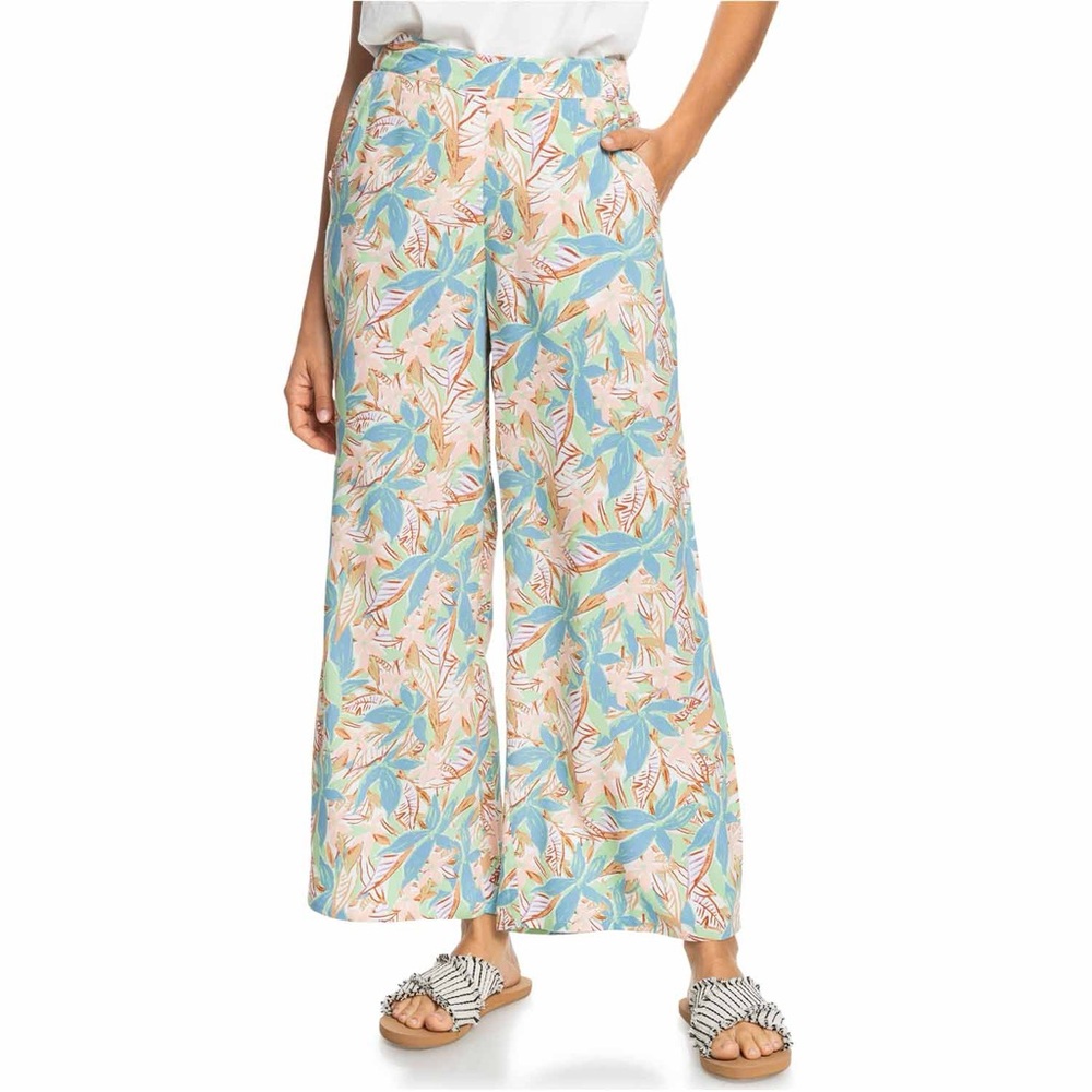 Roxy Women's Wide Leg Tropical Print Pants in Aqua and Coral